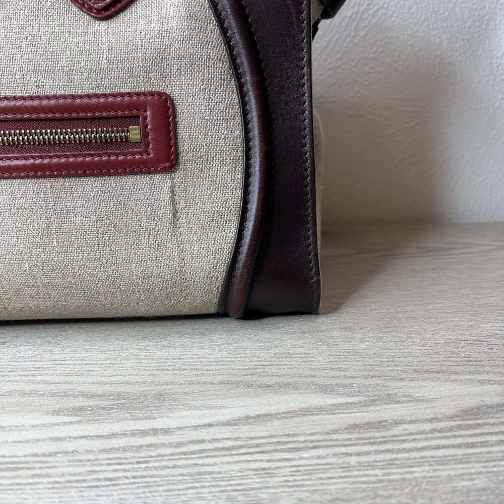 Authentic CELINE Oatmeal Brown burgundy canvas & leather MINI LUGGAGE Tote Bag - Picture 3 of 10